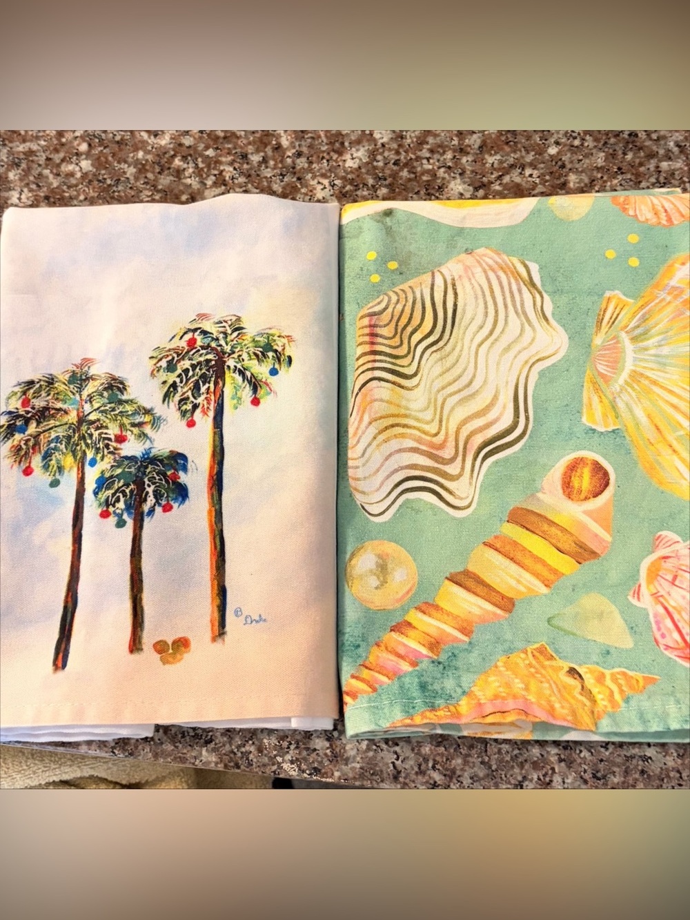 Palm Tree and Seashell Tea Towels Aqua, White, Yellow